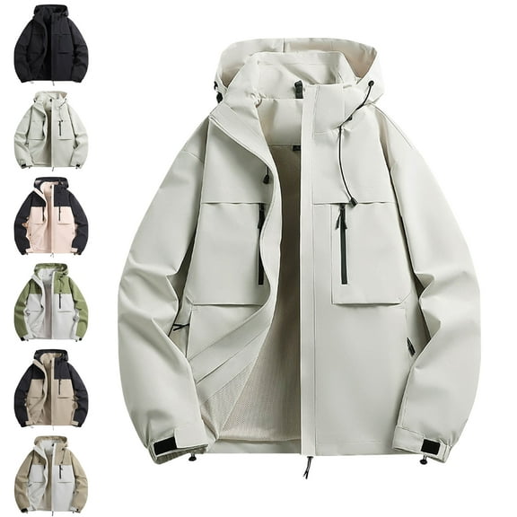 Men's Windbreakers Fashion Casual Solid Color Pockets Zipper Jacket Long Sleeve Hooded Casual Outwear Coat White M Windbreaker Jackets for Men