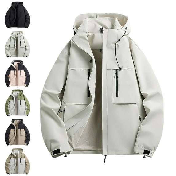 Men's Windbreakers Fashion Casual Solid Color Pockets Zipper Jacket Long Sleeve Hooded Casual Outwear Coat White M Windbreaker Jackets for Men