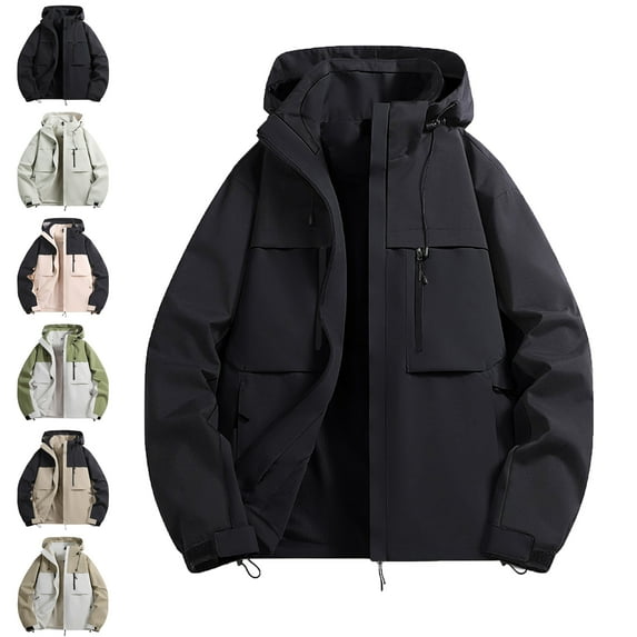 Men's Windbreakers Fashion Casual Solid Color Pockets Zipper Jacket Long Sleeve Hooded Casual Outwear Coat Windbreaker Jackets for Men Black XL
