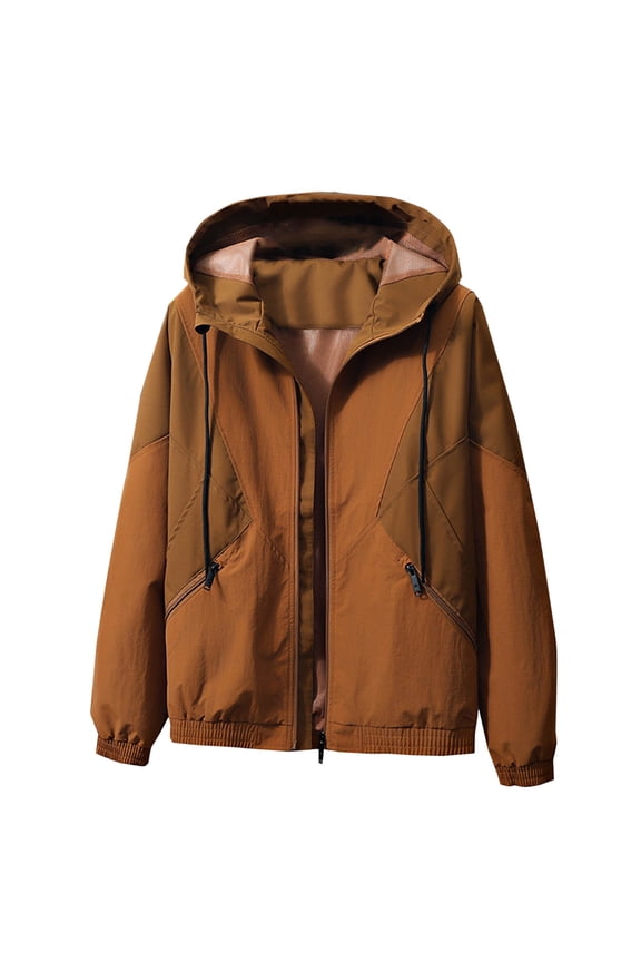 Men's Windbreakers Hooded Zipper Pocket Jacket Workwear Casual And Handsome Interchange Jacket Loose Coat Coffee XL Windbreaker Jackets for Men