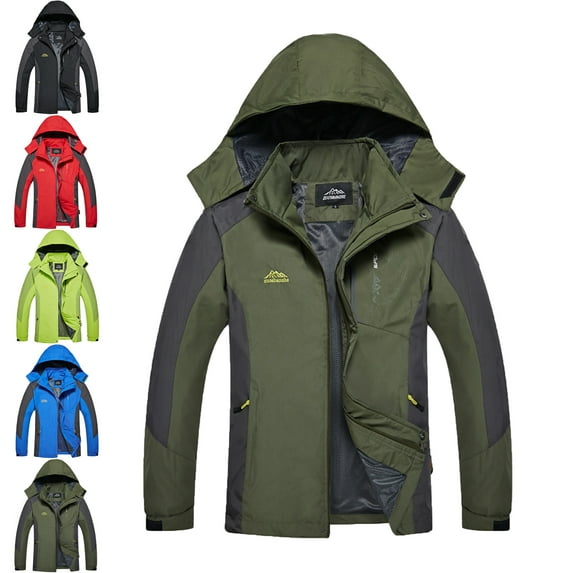 Men's Windbreakers Long Sleeved Pocket Zipper Color Blocked Stand Up Collar Detachable Hooded Outdoor Jacket Windbreaker Jackets for Men Army Green M