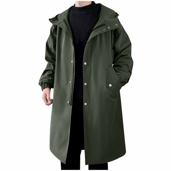Men's Windproof Coat Autumn Hooded Midlength Parka Jacket Fashion Solid Color Button Pocket Medium Long Sleeve Hooded Casual Windcoat