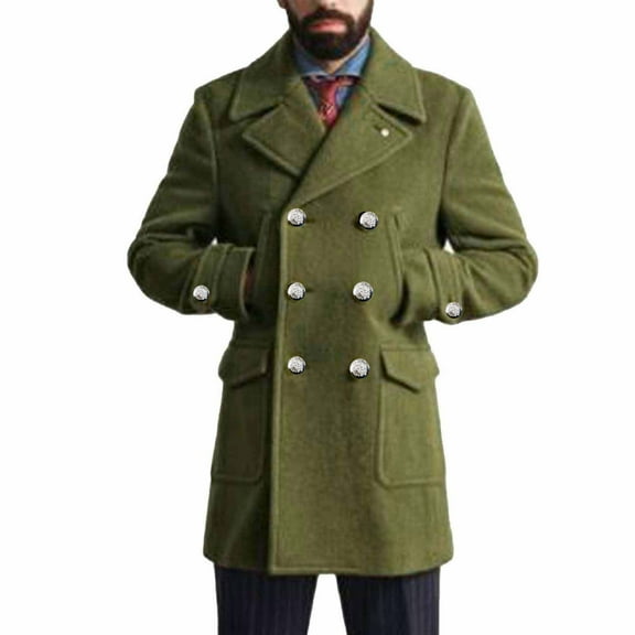 Men's Windproof Coat Double Breasted Fashion Casual Solid Color Turndown Collar Buttons Pockets Long Sleeve Hoodless Casual Outwear Trench Coat Green XS