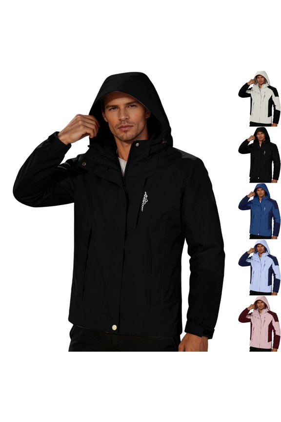 Men's Windproof Color Block Rain Jacket Waterproof Quick Dry Hooded Outdoor Shell Coat with Zip Pockets for Hiking Travel Fall Winter, Black, XXL