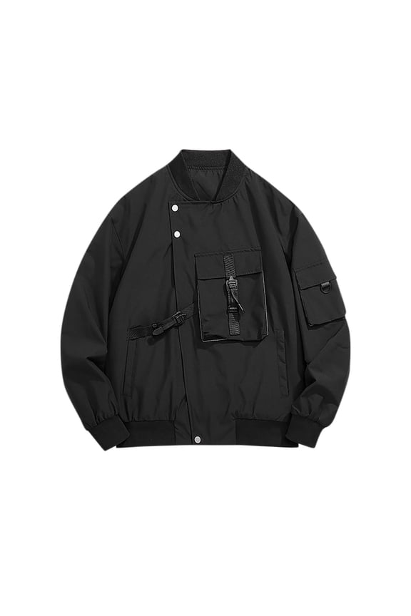 Men's Windproof Jacket Hoodless Zip Long Sleeve Casual Windbreaker Jacket Solid Color Sport Hiking Workwear Coat