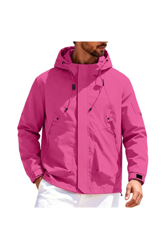 Men's Windproof Jackets Multi Pocket Hooded Windbreaker Waterproof Snap Zip Dual Front Velcro Cuff Hiking Commute Coat Windbreaker Jackets for Men Hot Pink S