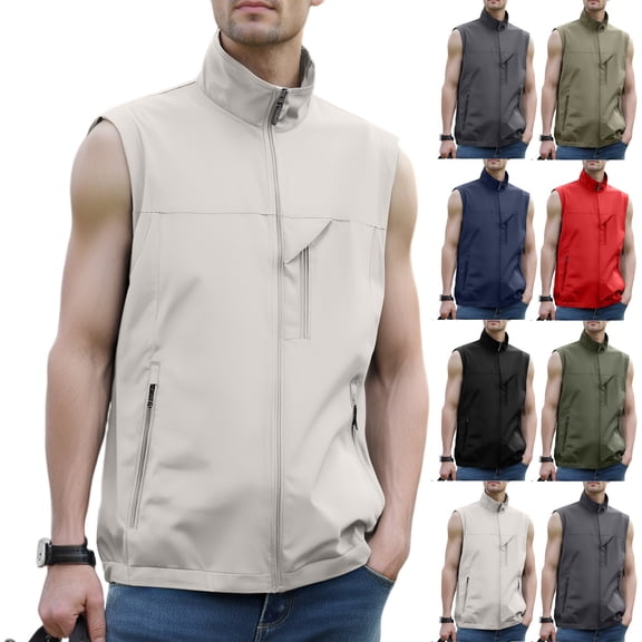 Men's Windproof Lightweight Golf Vest Softshell Sleeveless Jacket with Pockets for Running Hiking Sports Spring Fall,Khaki,3XL