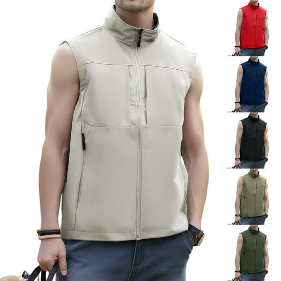 Men's Windproof Lightweight Golf Vest Softshell Sleeveless Jacket with Pockets for Running Hiking Sports Spring Fall,White,L
