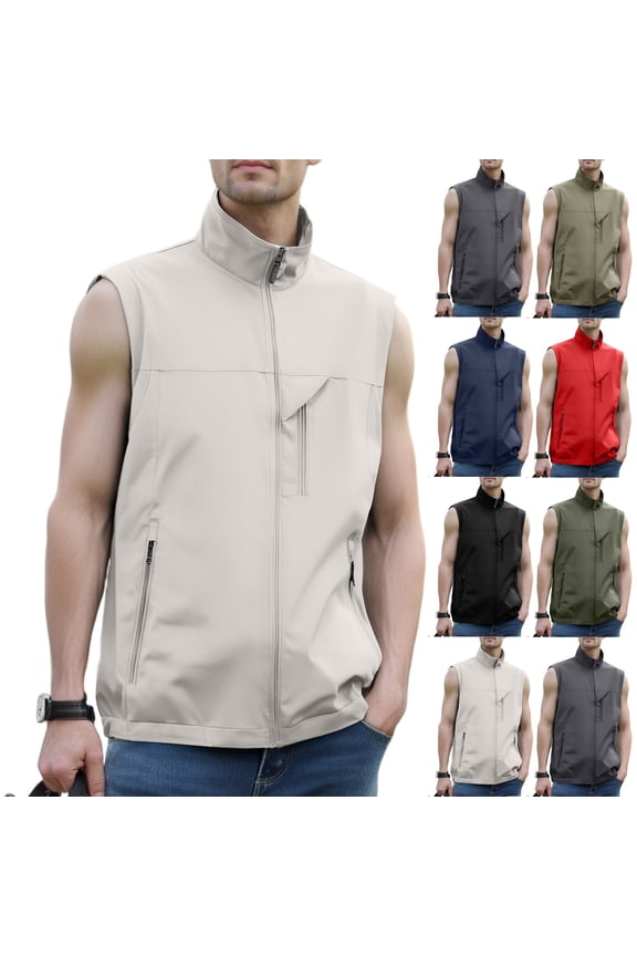 Men's Windproof Lightweight Golf Vest Softshell Sleeveless Jacket with Pockets for Running Hiking Sports Spring Fall,White,M