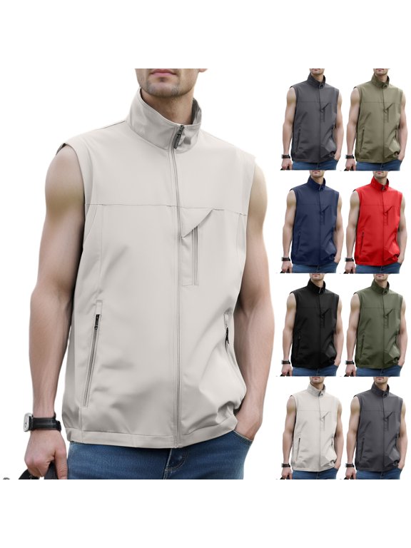 Men's Windproof Lightweight Golf Vest Softshell Sleeveless Jacket with Pockets for Running Hiking Sports Spring Fall,White,XL