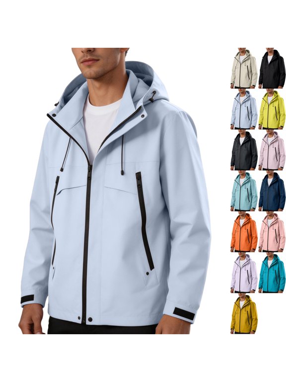 Men's Windproof Softshell Hooded Jacket Quick Dry Breathable Tech Running Outerwear Coat for Outdoor Golf Travel with Zip Pockets, Blue, L