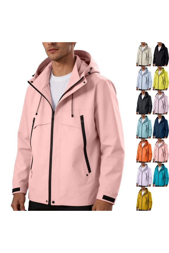 Men's Windproof Softshell Hooded Jacket Quick Dry Breathable Tech Running Outerwear Coat for Outdoor Golf Travel with Zip Pockets, Pink, M