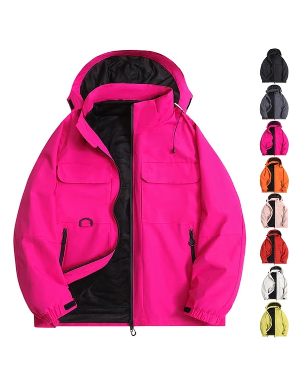 Men's Windproof Softshell Jacket 3-in-1 Fleece Lined Waterproof Warm Winter Coat for Hiking Travel Climbing with Hood and Zip Pockets, Hot Pink, XXL