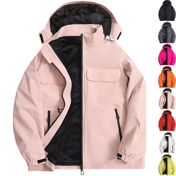 Men's Windproof Softshell Jacket 3-in-1 Fleece Lined Waterproof Warm Winter Coat for Hiking Travel Climbing with Hood and Zip Pockets, Pink, M