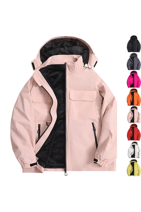 Men's Windproof Softshell Jacket 3-in-1 Fleece Lined Waterproof Warm Winter Coat for Hiking Travel Climbing with Hood and Zip Pockets, Pink, XL