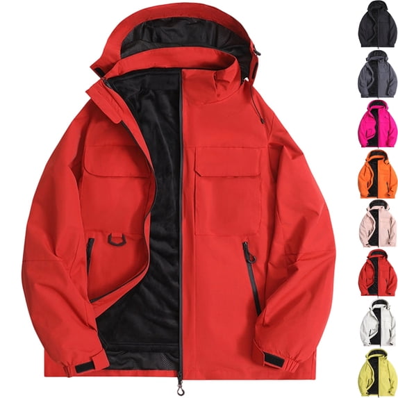 Men's Windproof Softshell Jacket 3-in-1 Fleece Lined Waterproof Warm Winter Coat for Hiking Travel Climbing with Hood and Zip Pockets, Red, XL