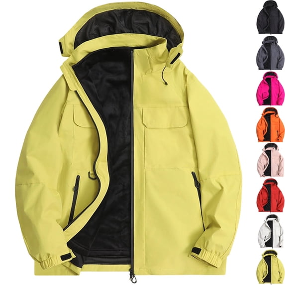 Men's Windproof Softshell Jacket 3-in-1 Fleece Lined Waterproof Warm Winter Coat for Hiking Travel Climbing with Hood and Zip Pockets, Yellow, XL