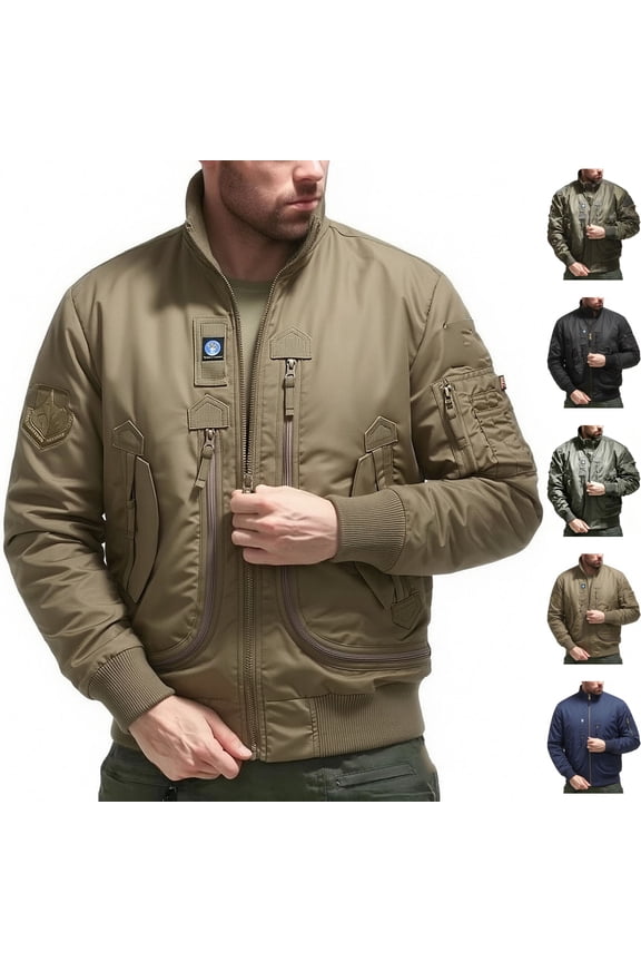 Men's Windproof Tactical Jacket Flight Bomber Jackets Shell Casual Stand Collar Coat Ribbed Cuffs for Fall Winter Outdoor Hiking Camping Multi-Pocket, Khaki, XL