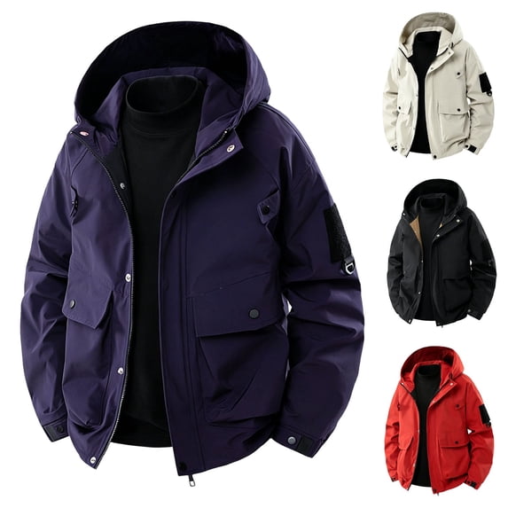 Men's Windproof Water Rain Jacket Repellent Multi Pocket Hooded Cargo Jacket with Pockets Loose Casual Athletic Windbreaker For Work Running