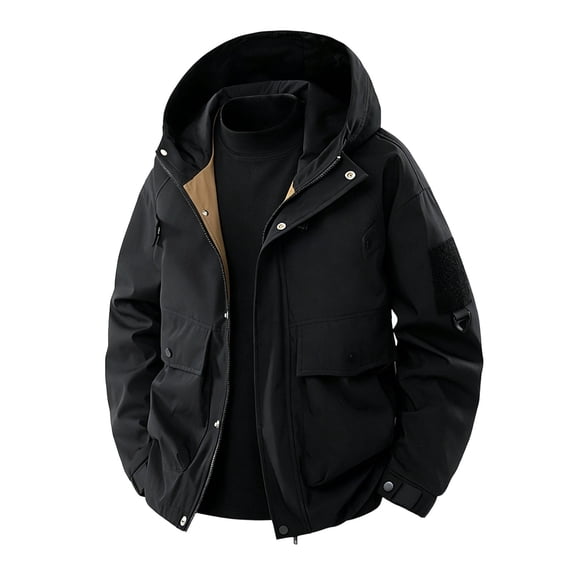 Men's Windproof Water Rain Jacket Repellent Multi Pocket Hooded Cargo Jacket with Pockets Loose Casual Athletic Windbreaker For Work Running