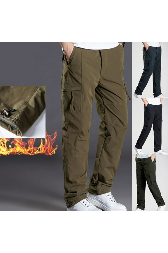 Men's Windproof Winter Casual Pants, Straight Leg Trousers, Elastic Waist Drawstring, Soft & Warm, Hiking, Daily Wear, Outdoor Workwear Essentials | HAODEJW,Black XL