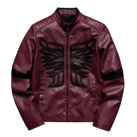 Men's Wings Color Block PU Leather Motorcycle Jacket, Double Stand Collar Street Casual Motorcycle Jacket, Hip Hop Punk Retro Top