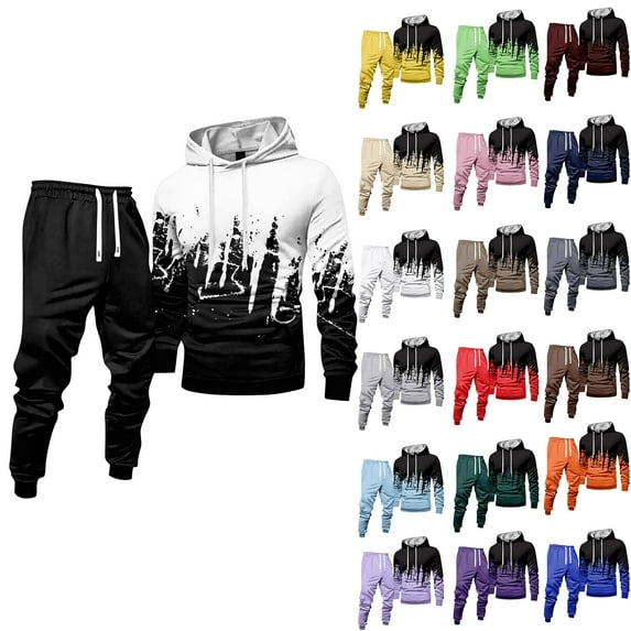 Men's Winter 2-Piece Casual Set, Colorblock Hooded Sweatshirt and Sweatpants, Sportswear Lounge Outfit For Everyday Wear and Outdoor,Saffron,L