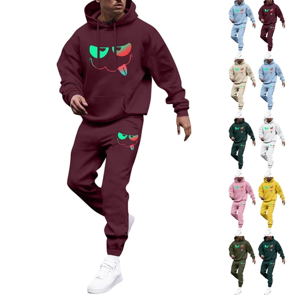 Men's Winter 2-Piece Casual Set, Printed Hooded Sweatshirt and Sweatpants, Sportswear Lounge Outfit For Street Style and Daily Use,Wine,M