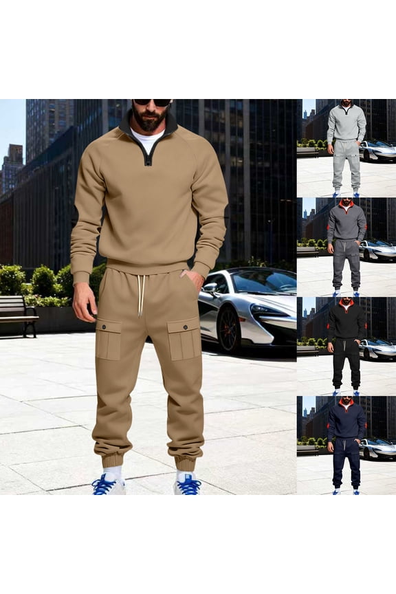 Men's Winter 2-Piece Heavyweight Set, Loose Stand Collar Fleece Sweatshirt and Cargo Jogger Pants, Warm Workwear Sportswear For Outdoor Activities,Light Gray,S