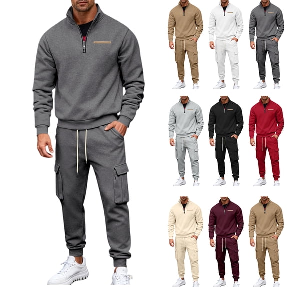 Men's Winter 2-Piece Set, Quarter-Zip Stand Collar Fleece Sweatshirt with Multi Pockets and Cargo Jogger Pants, Casual Workwear For Cold Weather,Camel,M
