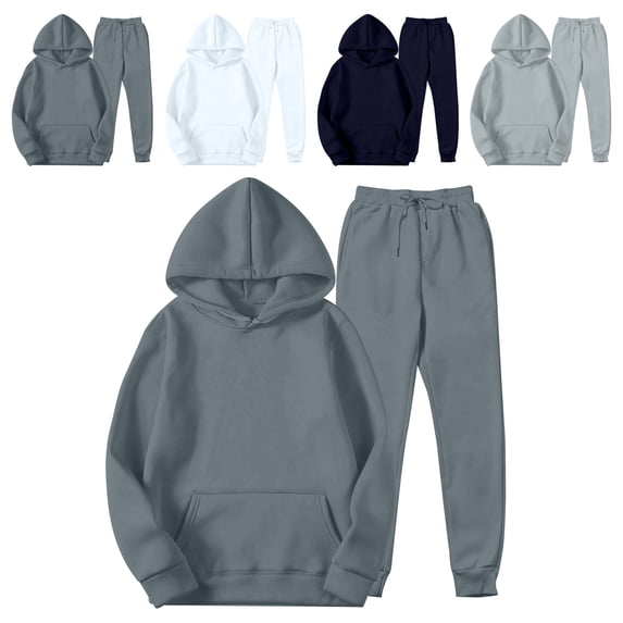 Men's Winter 2-Piece Set, Solid Color Long Sleeve Hooded Drawstring Sweatshirt and Sweatpants, Casual Lounge Wear For Cold Weather Comfort,White,XL