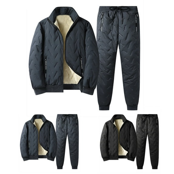 Men's Winter 2-Piece Sportswear Set, Thickened Solid Color Fleece Warm Jacket and Casual Sport Pants, with Pockets For Cold Weather Outdoor,Dark Gray,XL