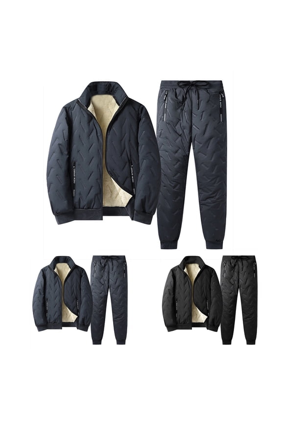 Men's Winter 2-Piece Sportswear Set, Thickened Solid Color Fleece Warm Jacket and Casual Sport Pants, with Pockets For Cold Weather Outdoor,Black,L