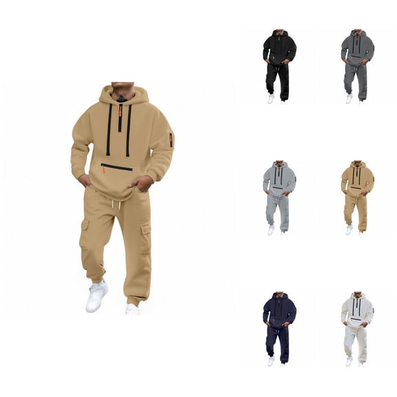 Men's Winter Autumn Tracksuit Set, Zip-Up Hoodie with Pockets, Cargo Pants Workout Suit, Casual Long Sleeve Tactical Sweatshirt, Comfortable Warm Jogging Outfit