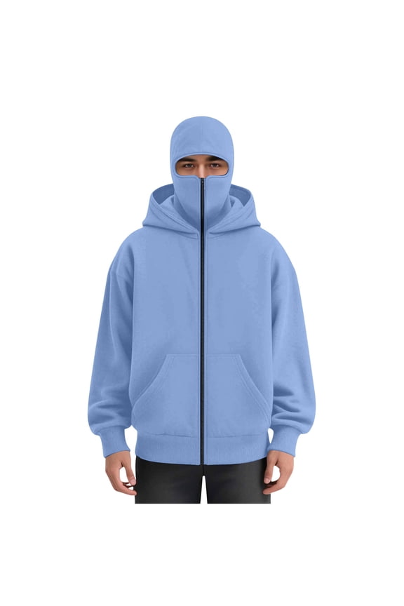 Men's Winter Balaclava Hoodie - 2-in-1 Windproof Fleece Zip Up Sweatshirt with Mask, Warm Outdoor Active Jacket with Pockets