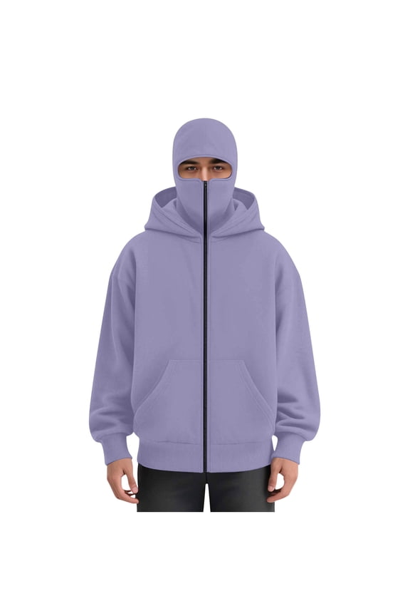 Men's Winter Balaclava Hoodie - 2-in-1 Windproof Fleece Zip Up Sweatshirt with Mask, Warm Outdoor Active Jacket with Pockets
