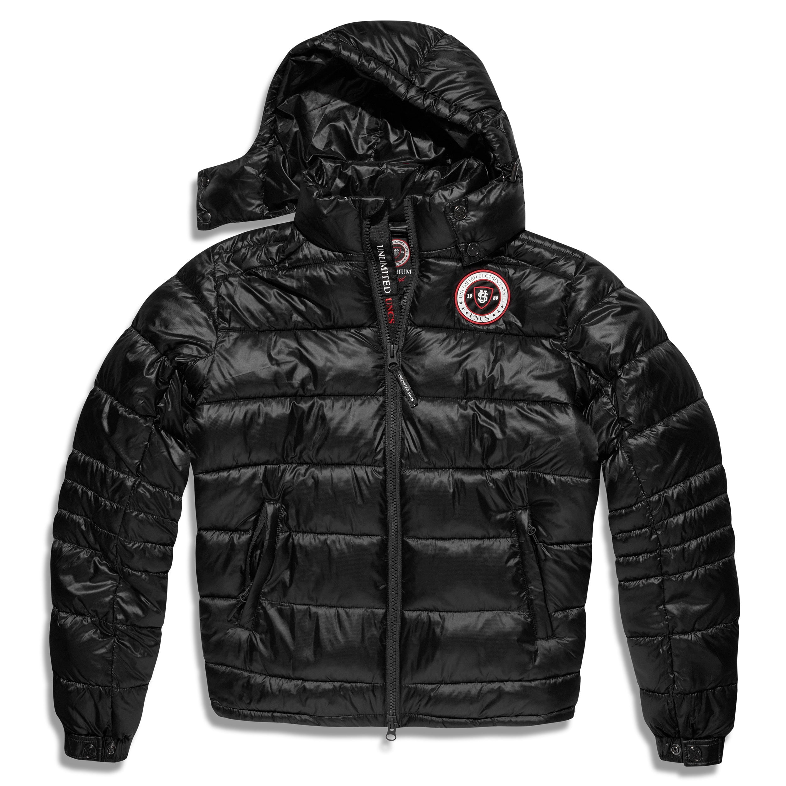 Men's Winter Bomber Jacket - Shiny Black, Removable Hood, zipper
