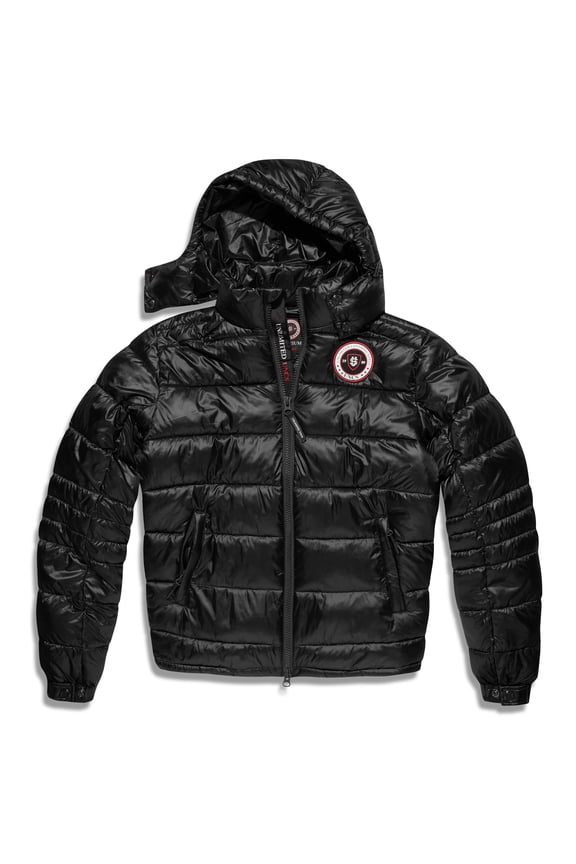 Men's Winter Bomber Jacket - Shiny Black, Removable Hood, zipper pockets, UNCS - Unlimited Clothing Style