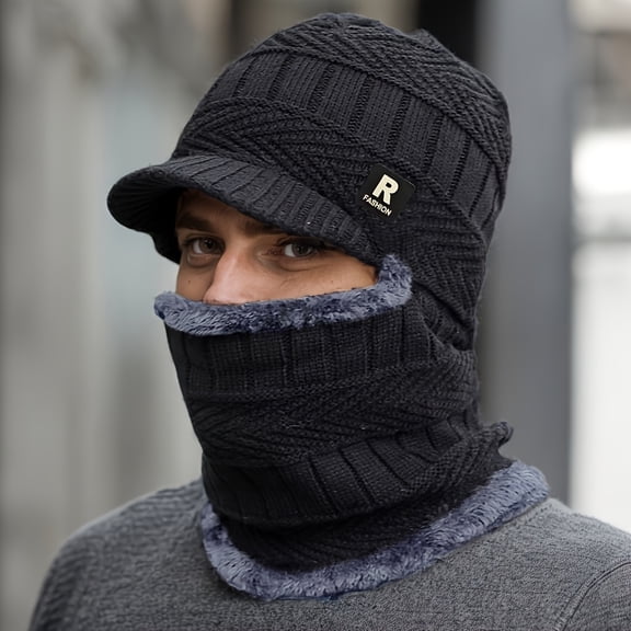 Men's Winter Brimless Beanie with Integrated Neck Warmer and Fleece Lining, Polyester Fiber, Fashionable Style, Hand Wash or Dry Clean, Fashionable Personality Style