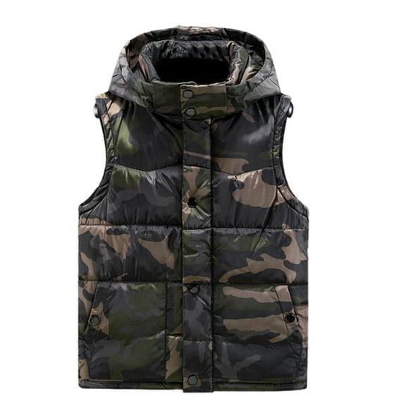 Men's Winter Camouflage Hooded Vest - Down Cotton Filled, Loose Thickened, Multi-Pocket, Casual, Dark Green, Size XXXXL