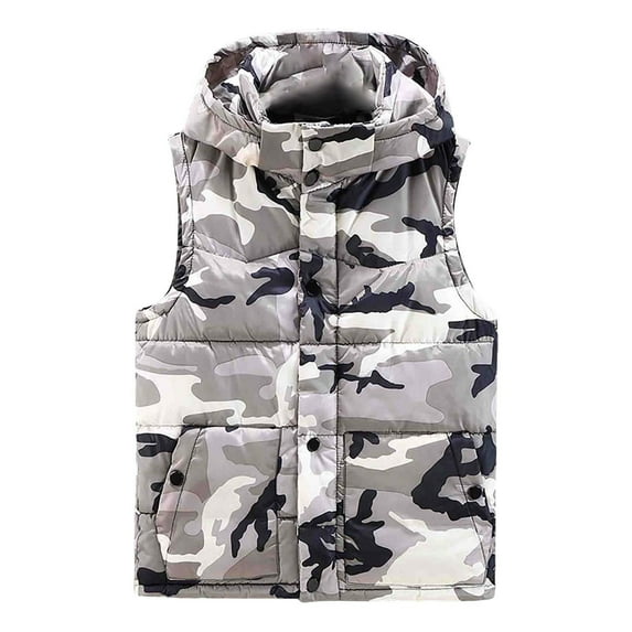 Men's Winter Camouflage Hooded Vest - Down Cotton Filled, Loose Thickened, Multi-Pocket, Casual, Light Gray, Size XL