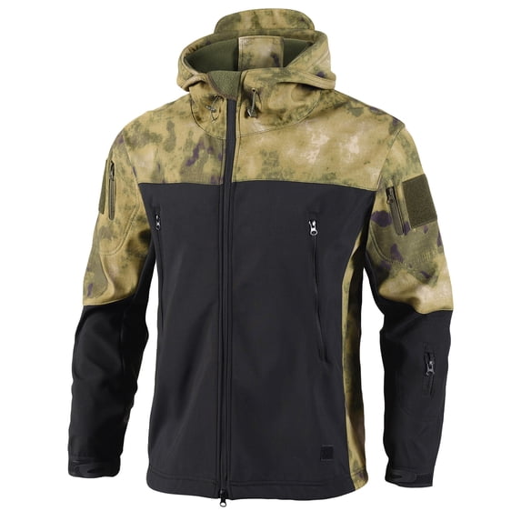 Men's Winter Camouflage Jackets Windproof Breathable Softshell Tactical Jacket with Hood Multiple Zip Pockets Regular Fit Outdoor Sports Coat for Hiking Training Field Work Dark Green 3XL