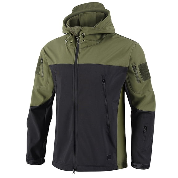 Men's Winter Camouflage Jackets Windproof Breathable Softshell Tactical Jacket with Hood Multiple Zip Pockets Regular Fit Outdoor Sports Coat for Hiking Training Field Work Green 2XL