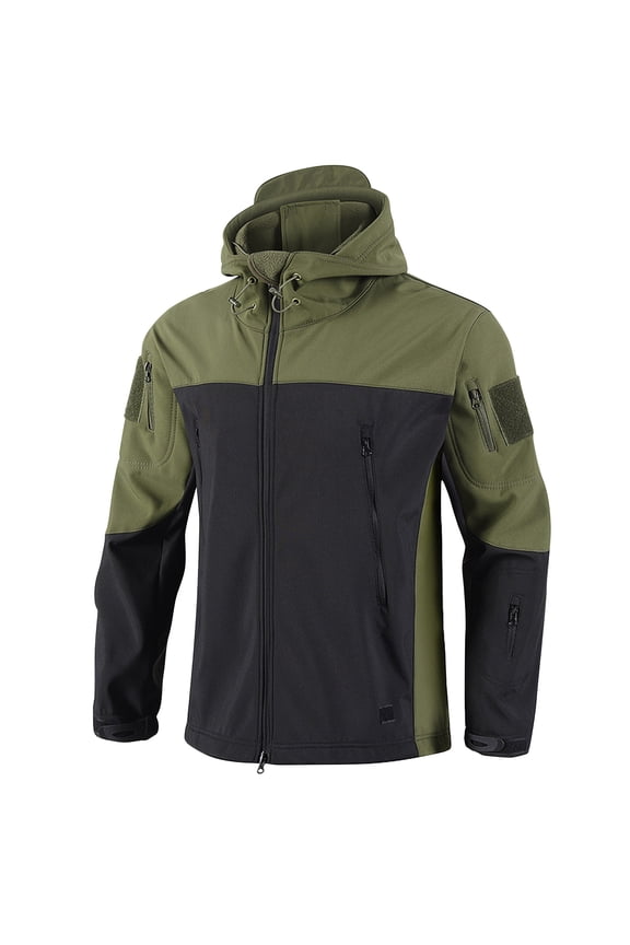 Men's Winter Camouflage Jackets Windproof Breathable Softshell Tactical Jacket with Hood Multiple Zip Pockets Regular Fit Outdoor Sports Coat for Hiking Training Field Work Green 2XL