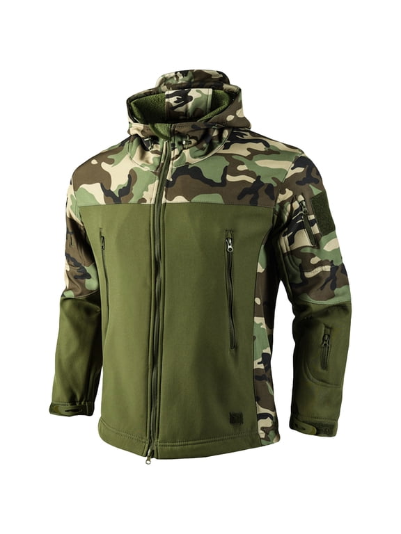 Men's Winter Camouflage Jackets Windproof Breathable Softshell Tactical Jacket with Hood Multiple Zip Pockets Regular Fit Outdoor Sports Coat for Hiking Training Field Work Camouflage 2XL