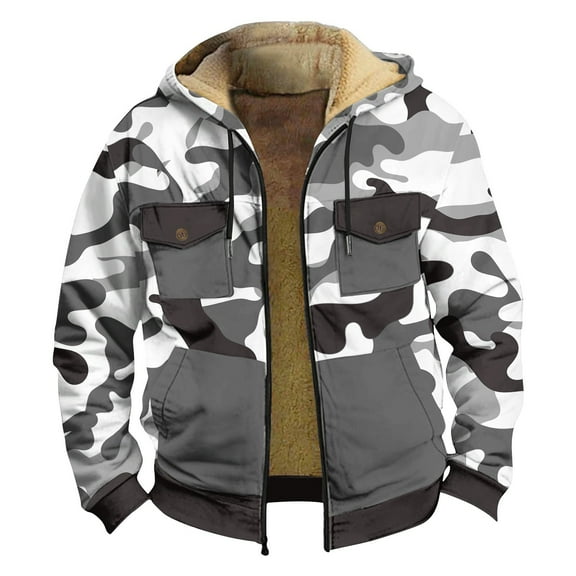 Men's Winter Camouflage Print Hooded Jacket, Fleece Lined Thickened Casual Trendy Zipper Coat for Hunting, Outdoor Adventures and Large Size Comfort in Fall and Winter,White,XL