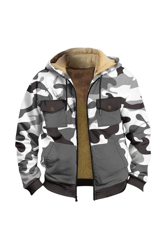 Men's Winter Camouflage Print Hooded Jacket, Fleece Lined Thickened Casual Trendy Zipper Coat for Hunting, Outdoor Adventures and Large Size Comfort in Fall and Winter,White,XL