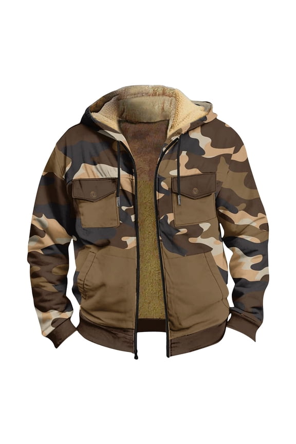 Men's Winter Camouflage Print Hooded Jacket, Fleece Lined Thickened Casual Trendy Zipper Coat for Hunting, Outdoor Adventures and Large Size Comfort in Fall and Winter,Army Green,2XL