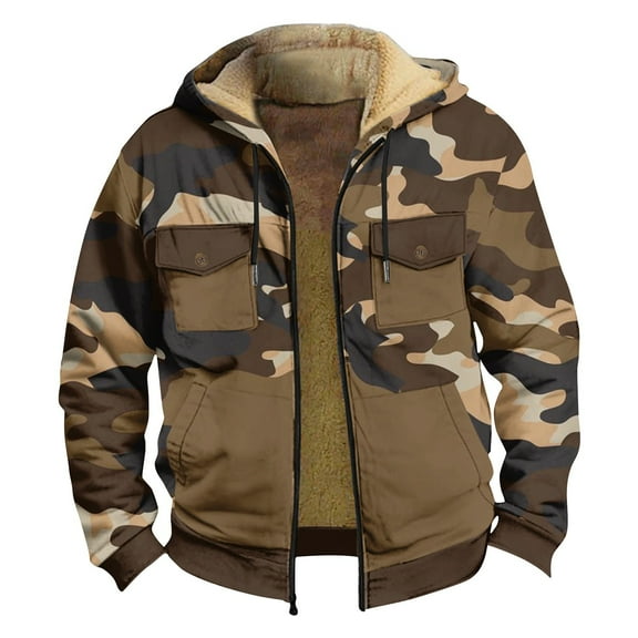 Men's Winter Camouflage Print Hooded Jacket, Fleece Lined Thickened Casual Trendy Zipper Coat for Hunting, Outdoor Adventures and Large Size Comfort in Fall and Winter,Army Green,XL