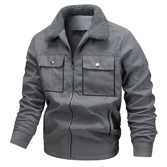 Men's Winter Cargo Jacket, Warm Fleece Lined Lapel Suede Jackets Full Zip Trucker Work Coat Spring Fall Jacket for Men Gray 3XL